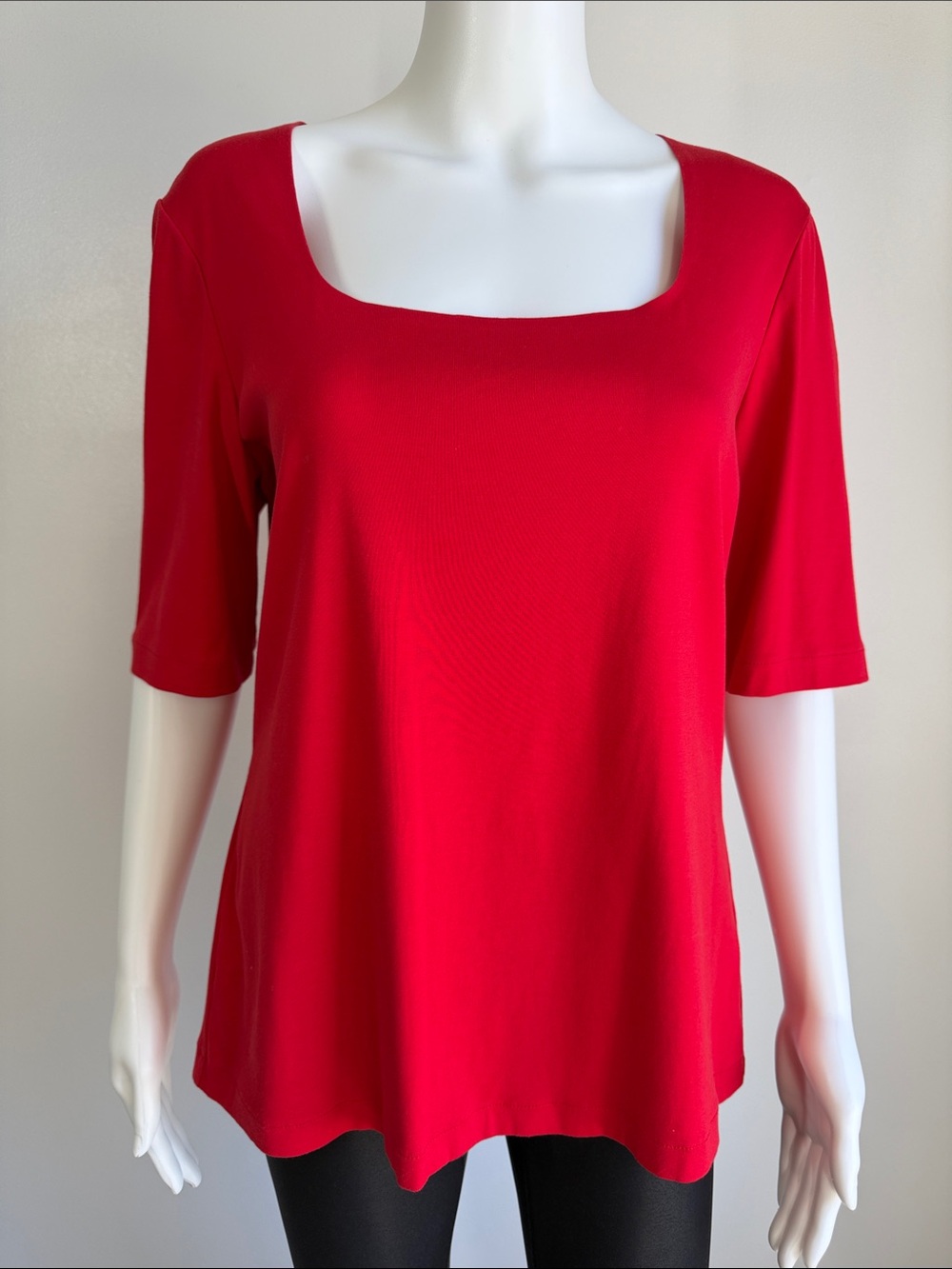 Lafayette 148 New York Red Square Neck Elbow Sleeve Knit Top L